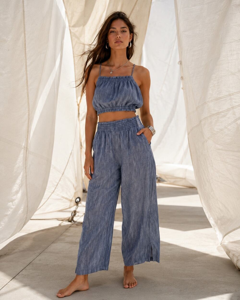 Aerie S/P Blue Chambray 2 Piece Crop Top Wide Leg Pants Set